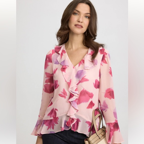Laura Tops - Laura Floral Ruffle Front Blouse Pink 122806